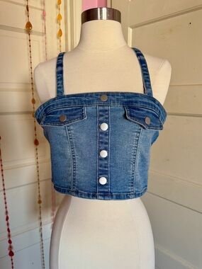 Dylan Ryan NYC Denim Bustier Crop Top Y2K Snap Front Smocked Back Large